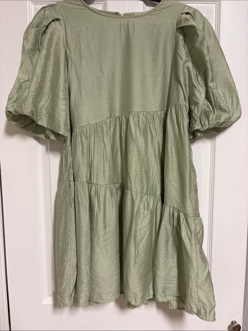 Moon River Sage Green Puff-Sleeve Tiered Casual Dress